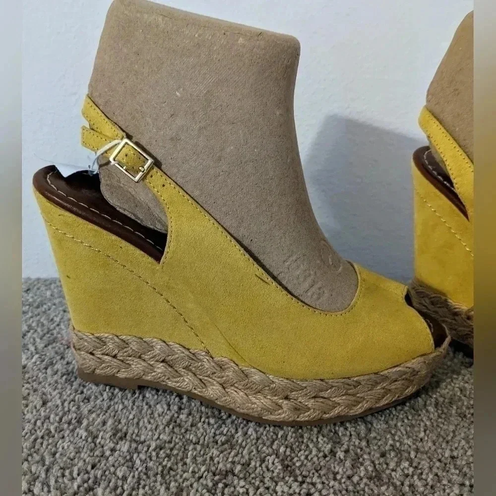 Yellow‎ Espadrille Platform Wedge Sandals Peep Toe Ankle Strap Summer Shoes 6.5